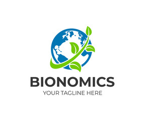 Planet earth with continents and branch with leaves, logo design. Bionomics, ecology and environment protection, vector design and illustration