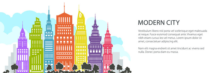 Fototapeta premium Colorful Modern Big City Banner , Architecture Megapolis with Buildings and Skyscraper, City Financial Center, Vector Illustration