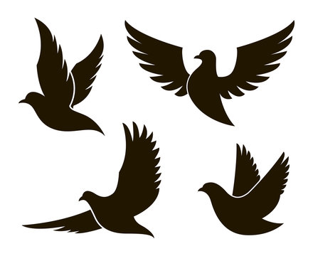 collection of black dove silhouettes isolated on white background 