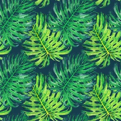 Papier Peint photo Feuilles tropicales Modèle sans couture aquarelle dessiné main avec des feuilles tropicales