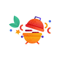 Camping pot over bonfire, summer travel equipment vector Illustration on a white background