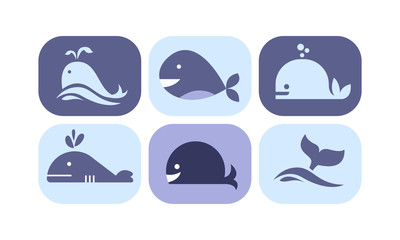 Cute whale icons set, sea creature animals signs in blue colors vector Illustration on a white background