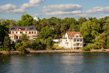 Stockholm, Sweden, Stockholm fjord. Fjords is one of the attractions of the Scandinavian countries, long sea bays with beautiful nature, Islands, nice houses on the banks.