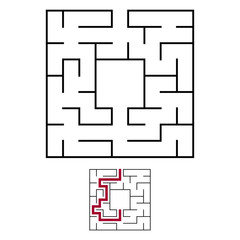 Black square maze with entrance and exit. An interesting and useful game for children. Simple flat vector illustration isolated on white background. With a place for your drawings. With the answer.