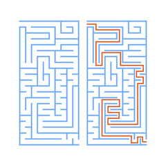 Black rectangular labyrinth with an input and an exit. An interesting and useful game for children. Simple flat vector illustration isolated on white background. With the answer.