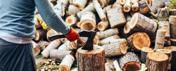 Man in jeans and checkered shirt standing near stump with ax in hands. long banner