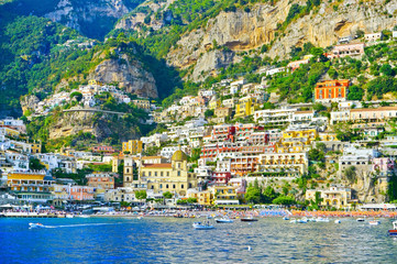 Fototapeta na wymiar View of Positano village along Amalfi Coast in Italy in summer.