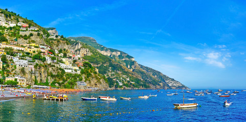 Naklejka premium View of Positano village along Amalfi Coast in Italy in summer.