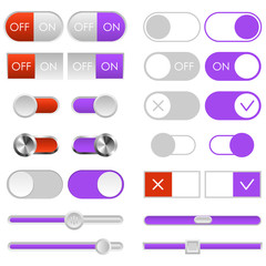Toggle switch set, light theme. On and Off sliders. Template for app and website. User Interface with vector elements.