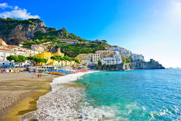 View of Amalfi village along Amalfi Coast in Italy in summer.
