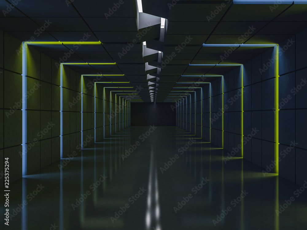 Poster background of an empty room with walls and neon light. neon rays and glow. 3d