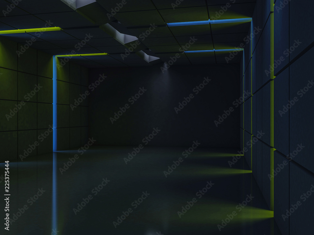 Poster background of an empty room with walls and neon light. neon rays and glow. 3d