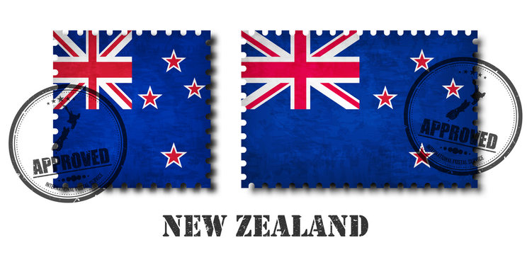 New zealand flag pattern postage stamp with grunge old scratch texture and affix a seal on isolated background . Black color country name with abrasion . Square and rectangle shape . Vector