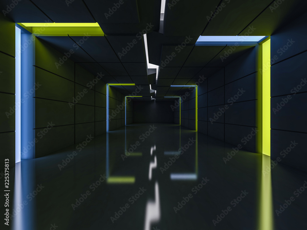 Poster background of an empty room with walls and neon light. neon rays and glow. 3d