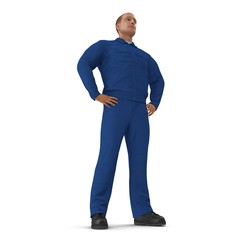 Worker In Blue Coverall Standing Pose On White Background. 3D Illustration