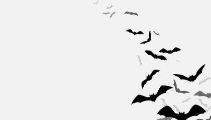 Halloween flying bats background. Creepy silhouette flittermouse group isolated on white. Vector illustration.
