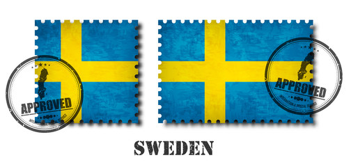 Sweden or swedish flag pattern postage stamp with grunge old scratch texture and affix a seal on isolated background . Black color country name with abrasion . Square and rectangle shape . Vector