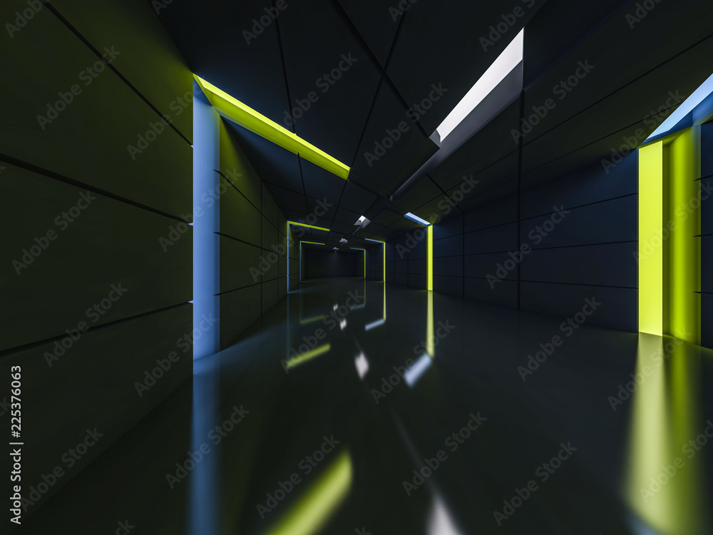 Poster background of an empty room with walls and neon light. neon rays and glow. 3d