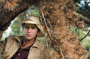 young man in a cowboy jacket and hat Peeps out of the branches of an old pine tree