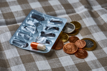 Ending pills and coins, expensive medicament, poverty