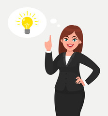 Fototapeta na wymiar Happy business woman pointing hand up and bright light bulb appearing in the thought bubble. Idea and innovation concept illustration in cartoon vector style.