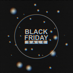 Vector Black Friday Sale banner on Analog TV Glitch moire background. No signal noise, dark abstract texture. Interference in air. Round frame and big sparks.
