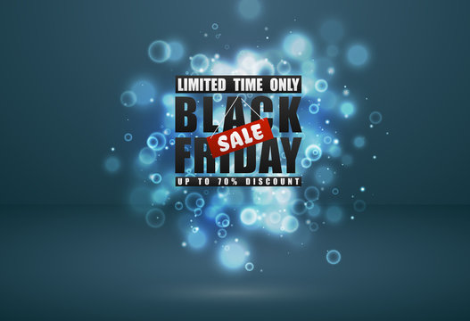 Black Friday sale banner. Black text with red tag and glow sparks bokeh effect on blue green background. Limited time only. Up to 70 percent discount.