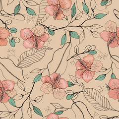Vintage background. Wallpaper. Blooming realistic isolated flowers. Hand drawn. Vector illustration.Blossom floral seamless pattern.
