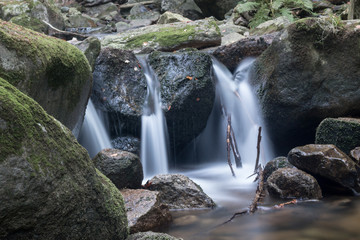 View of the Ilse stream in the Harz Mountains, Germany. Fairytale forest. Magic forest.