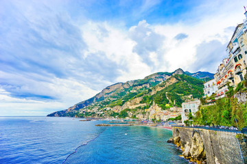 Obraz premium View of Amalfi along Amalfi Coast in Italy in summer.