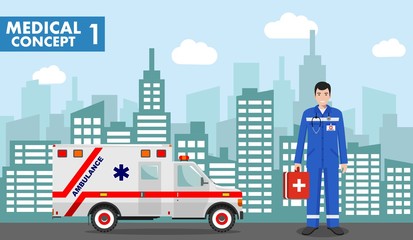 Fototapeta premium Medical concept. Detailed illustration of emergency doctor man in uniform on background with cityscape in flat style. Vector illustration.