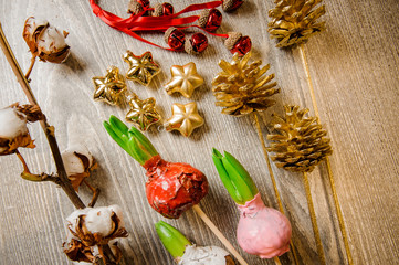 Different winter christmas decor lying on the wooden table