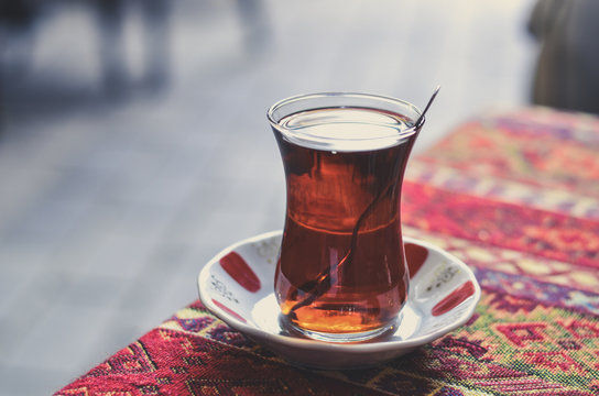 Turkish tea with bokeh background with filter effect