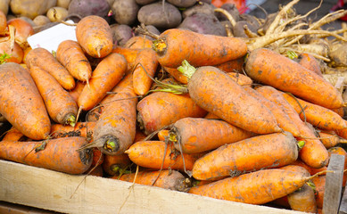 Dirty carrots in a box on the market