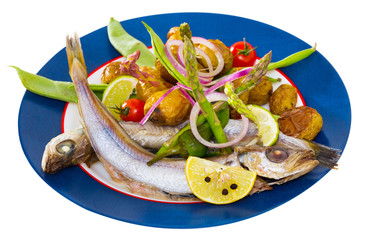 Stewed in white wine Blue Whiting fish