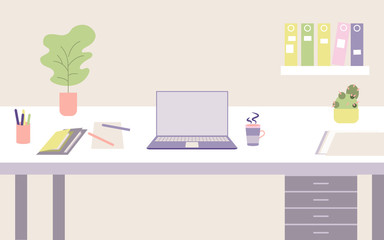 Modern home or office workplace desk, with laptop, paper folders and plants, vector illustration in pastel colors - 225382077