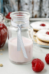 Bottle of raspberry yogurt.