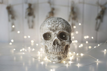 Scary skull with lights in background