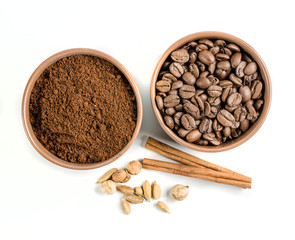 coffee beans and ground coffee