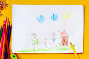 Children's drawing is my happy family. The concept of child psychology.