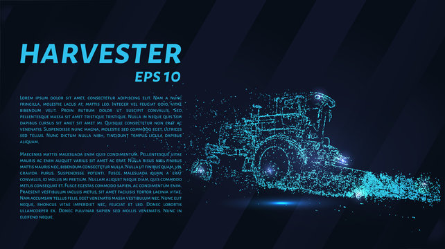 Combine agricultural machinery from particles on a dark background. Harvester consists of geometric shapes. Vector illustration