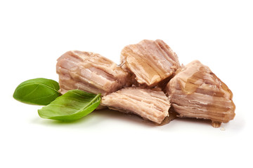 Stew Meat with basil leaves, isolated on white background