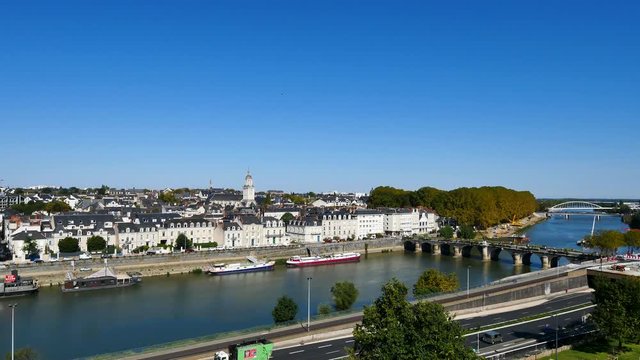 Cityscape of the city of Angers, located in western France, in the Loire Valley and the Maine-et-Loire department. This city is known as a green city. The Maine river is flowing through the city.