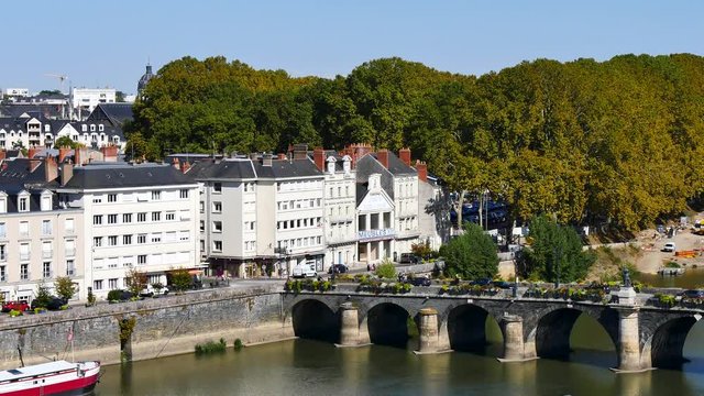 The Verdun bridge in Angers (France) is a masonry vaulted bridge with two traffic lanes for cars and two sidewalks. It is the oldest passage from one side of the Maine to the other. View from above.