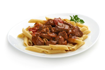 Pasta with goulash with parsley leaf, isolated on white background. Close-up.