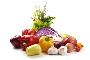 Composition with different types of vegetables, isolated on white background.