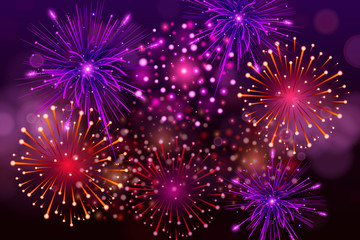 Fototapeta premium Festive Colorful fireworks on black background. Set of Vector realistic fireworks illustration.