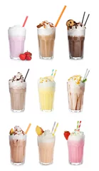 Zelfklevend Fotobehang Set with different delicious milk shakes on white background © New Africa