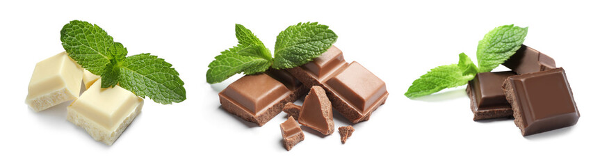 Set with different kinds of delicious chocolate and mint on white background
