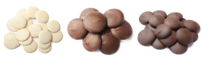 Set with delicious chocolate chips on white background